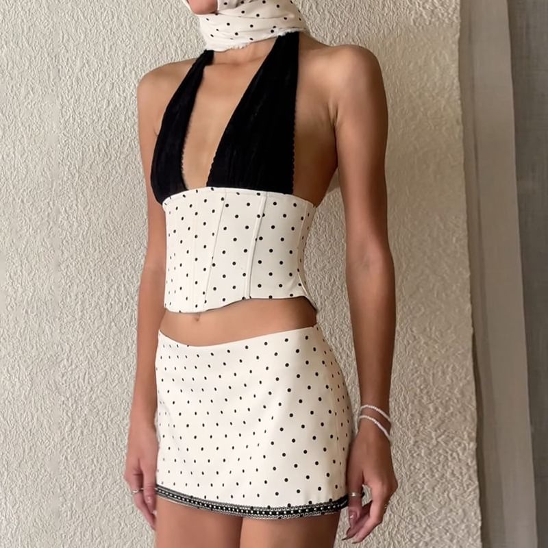 Color-Block Halter Corset Tank & Mini Pencil Skirt Set