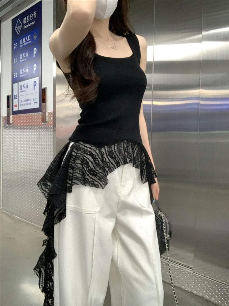 Square Neck Asymmetrical Lace Tank