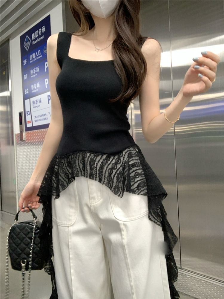 Square Neck Asymmetrical Lace Tank