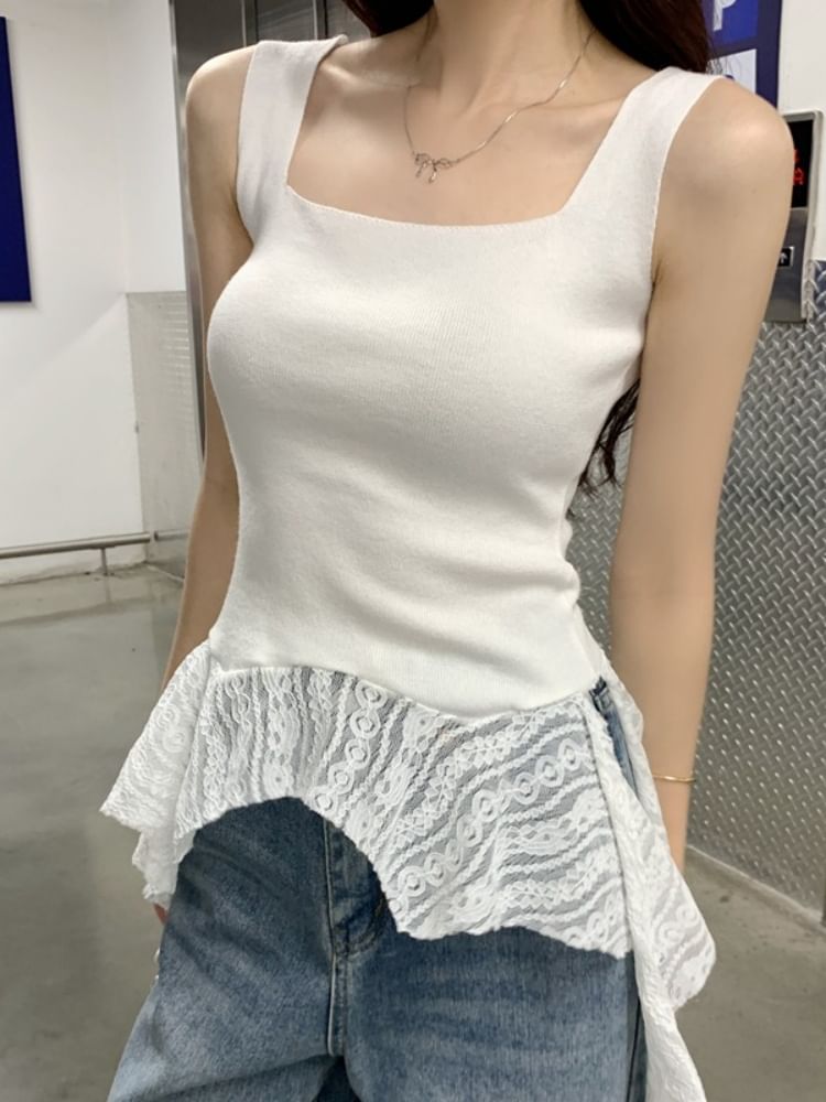 Square Neck Asymmetrical Lace Tank