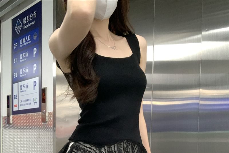 Square Neck Asymmetrical Lace Tank