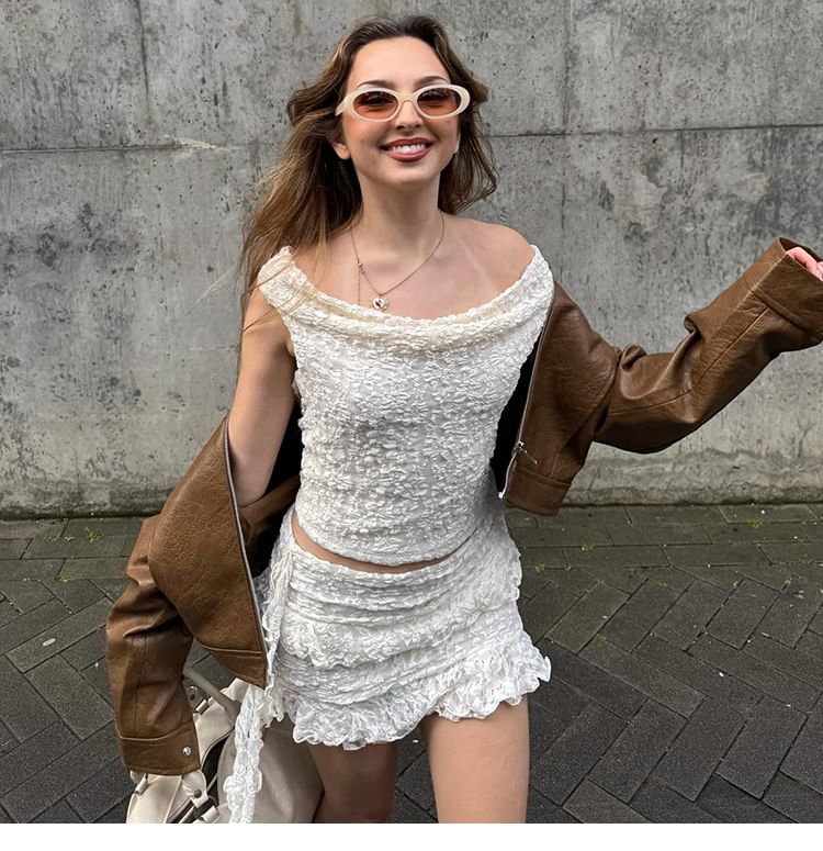 Off Shoulder Lace Crop & Mini Skirt