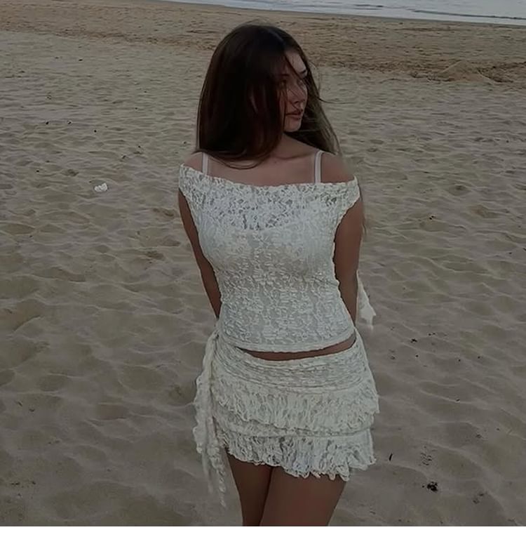 Off Shoulder Lace Crop & Mini Skirt