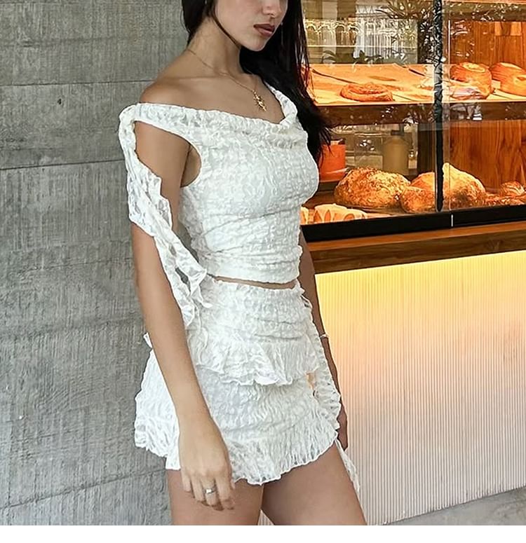 Off Shoulder Lace Crop & Mini Skirt