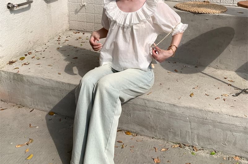 Elbow Sleeve Scoop Neck Ruffle Lace Trim Blouse