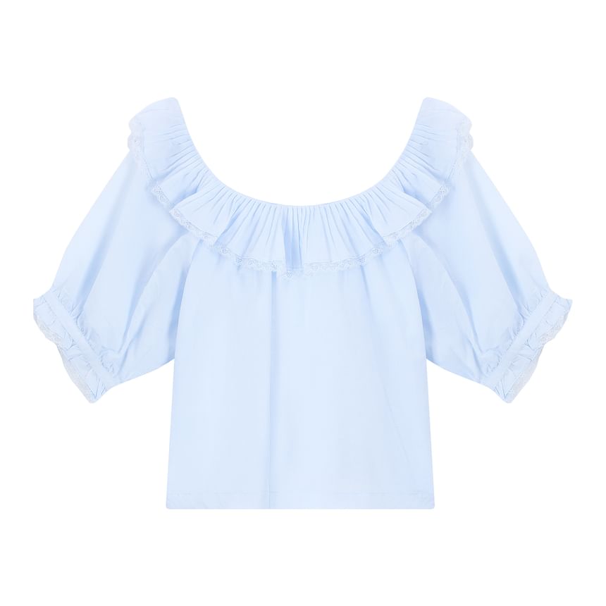 Elbow Sleeve Scoop Neck Ruffle Lace Trim Blouse