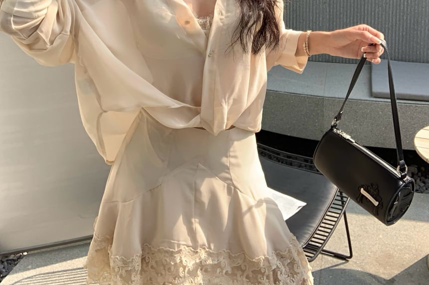 Long Sleeve V-Neck Blouse, High Waist Lace Skirt, and Bra Top Set