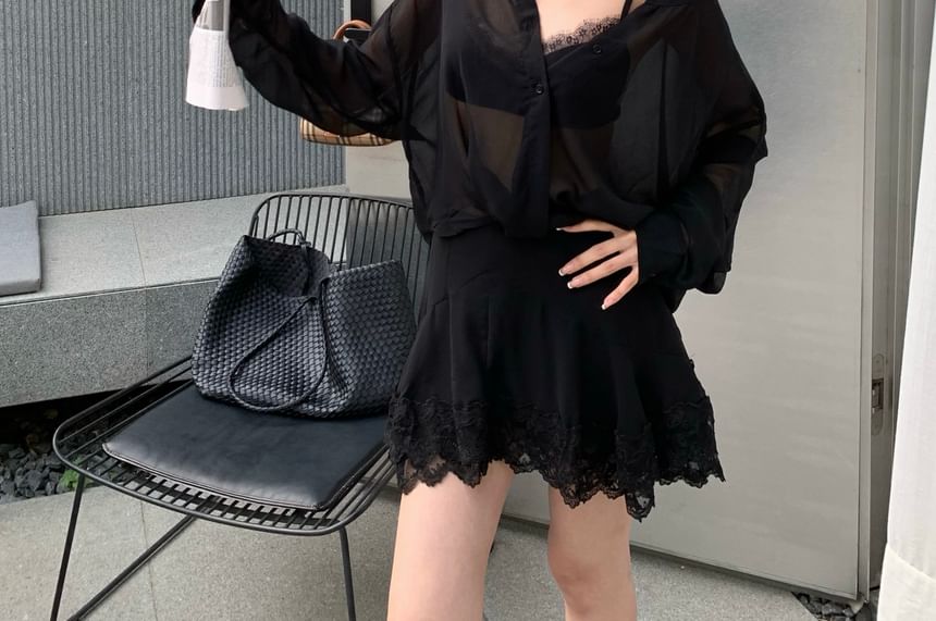 Long Sleeve V-Neck Blouse, High Waist Lace Skirt, and Bra Top Set