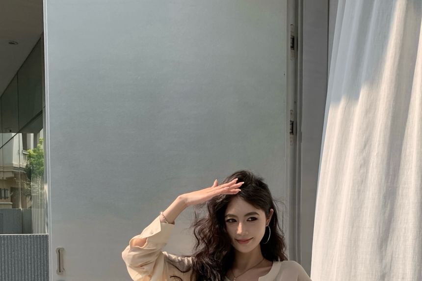 Long Sleeve V-Neck Blouse, High Waist Lace Skirt, and Bra Top Set