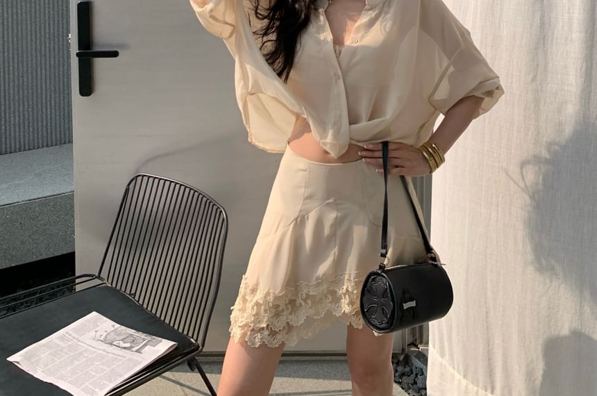 Long Sleeve V-Neck Blouse, High Waist Lace Skirt, and Bra Top Set
