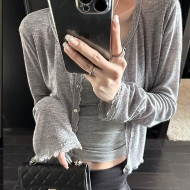 V-Neck Lace Trim Cardigan