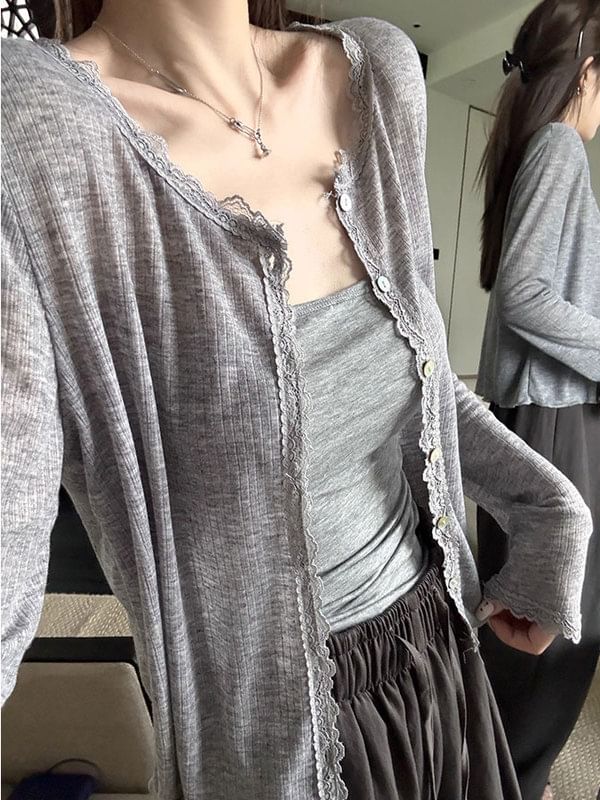 V-Neck Lace Trim Cardigan