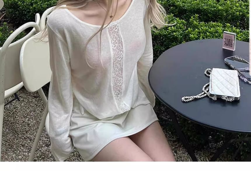 Boat Neck Long Sleeve Lace Panel Top