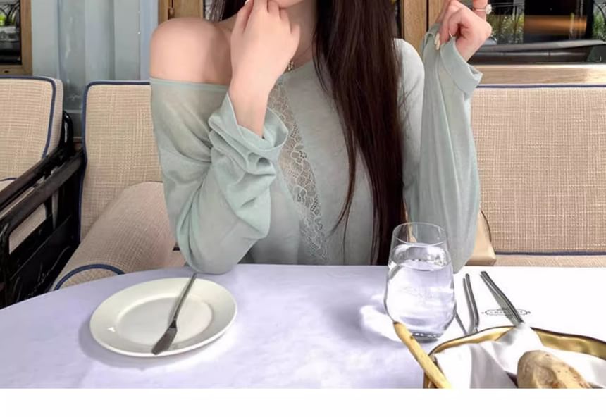 Boat Neck Long Sleeve Lace Panel Top