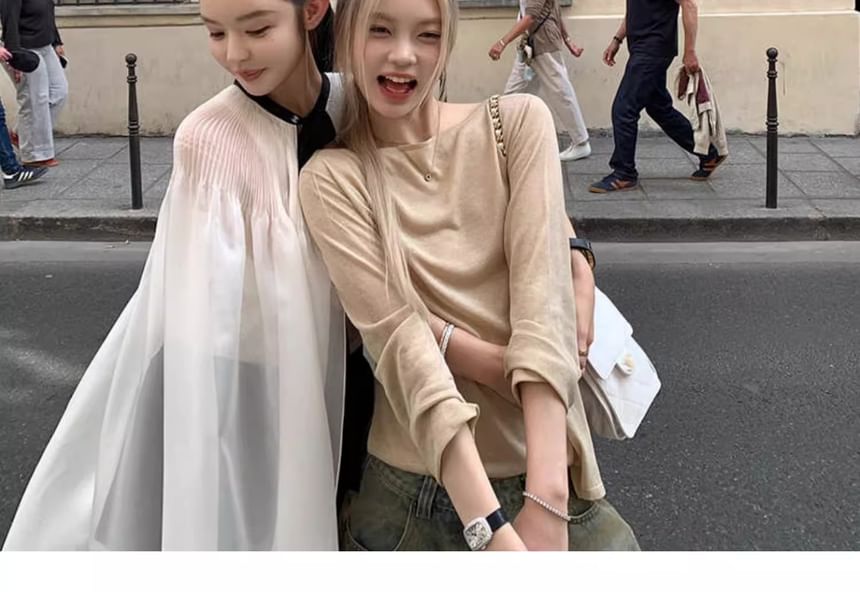 Boat Neck Long Sleeve Lace Panel Top