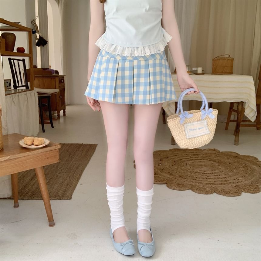 High Rise Gingham Pleated A-Line Mini Skirt