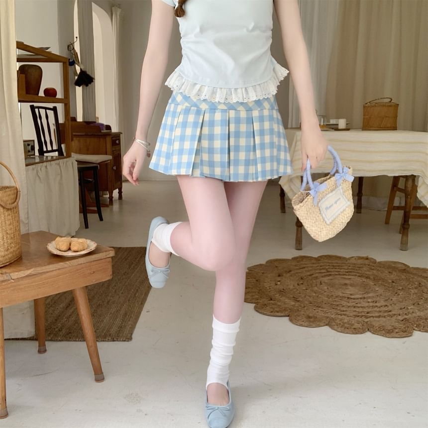 High Rise Gingham Pleated A-Line Mini Skirt