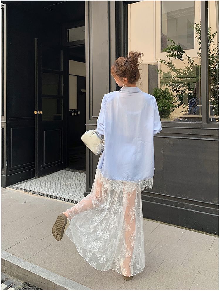 Long Sleeve Lace Panel Shirt and High Rise Maxi Skirt Set