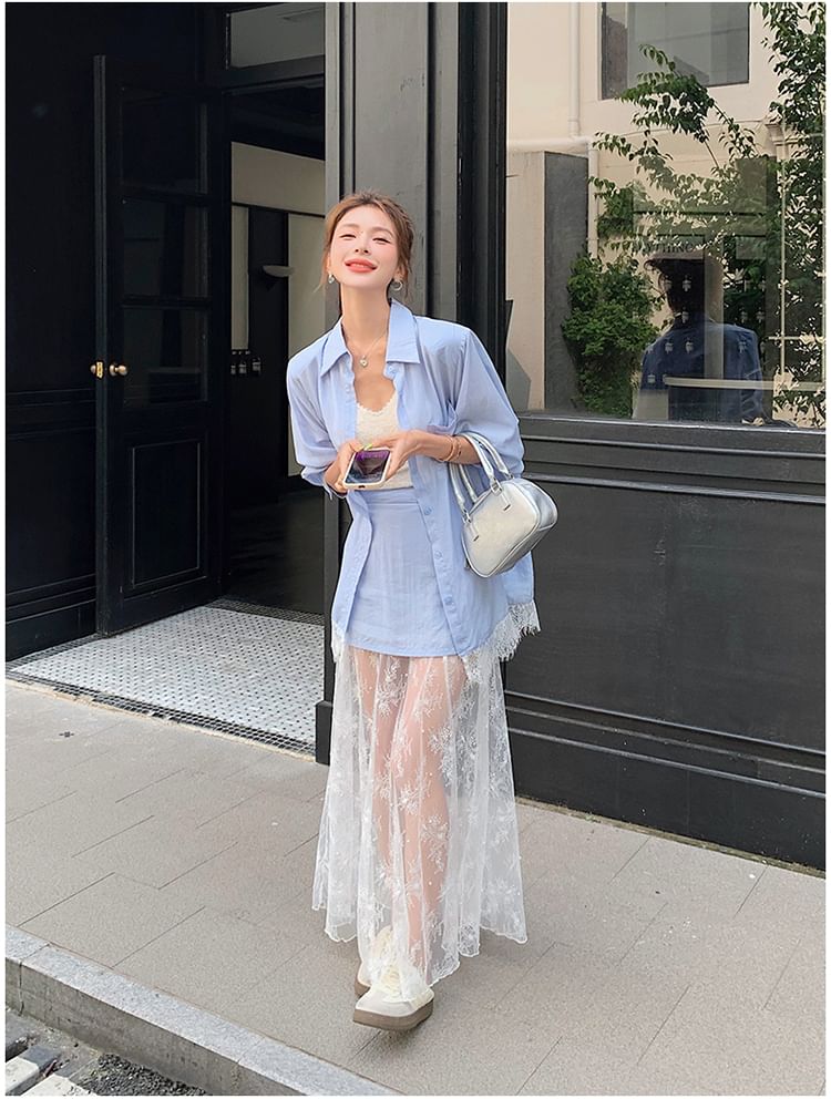 Long Sleeve Lace Panel Shirt and High Rise Maxi Skirt Set