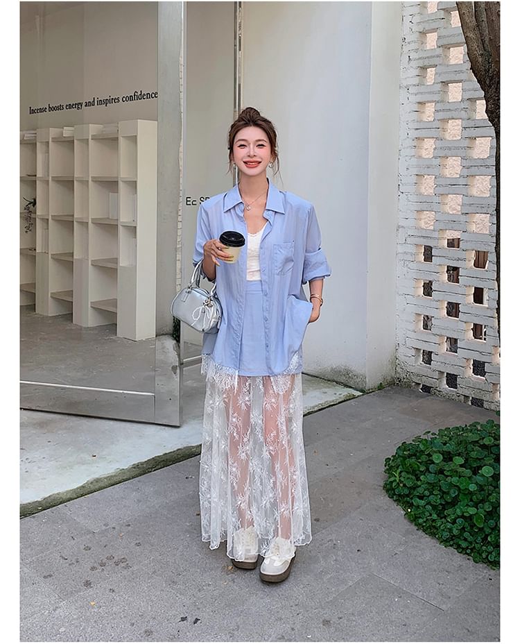 Long Sleeve Lace Panel Shirt and High Rise Maxi Skirt Set