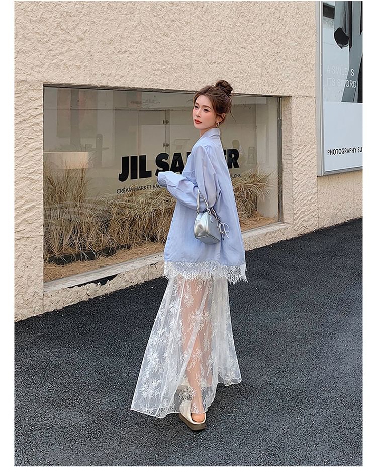 Long Sleeve Lace Panel Shirt and High Rise Maxi Skirt Set