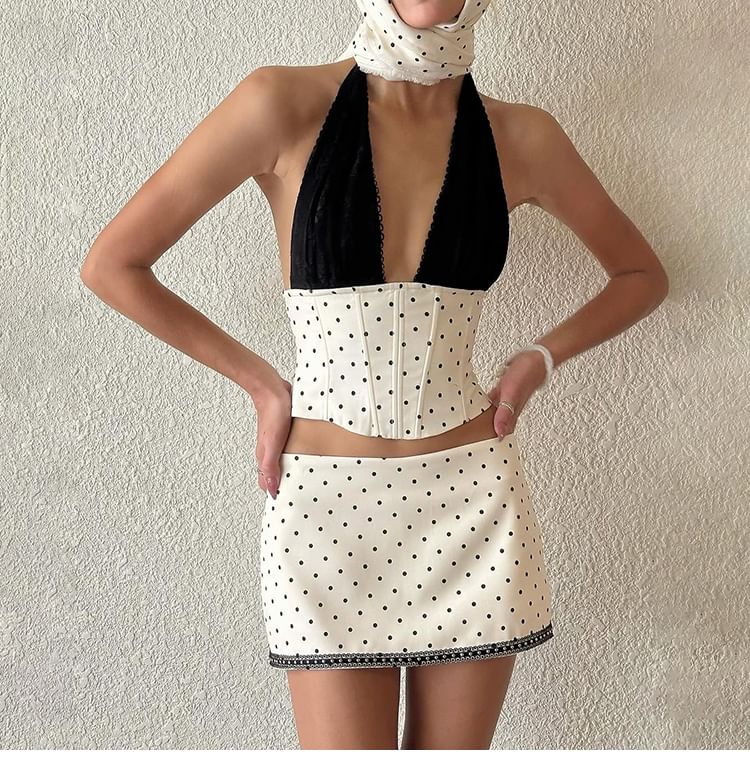 Dotted Sleeveless Corset Crop Top & Mini Skirt