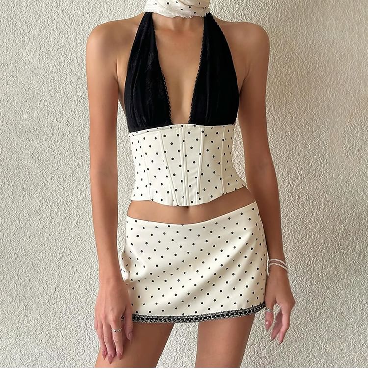 Dotted Sleeveless Corset Crop Top & Mini Skirt