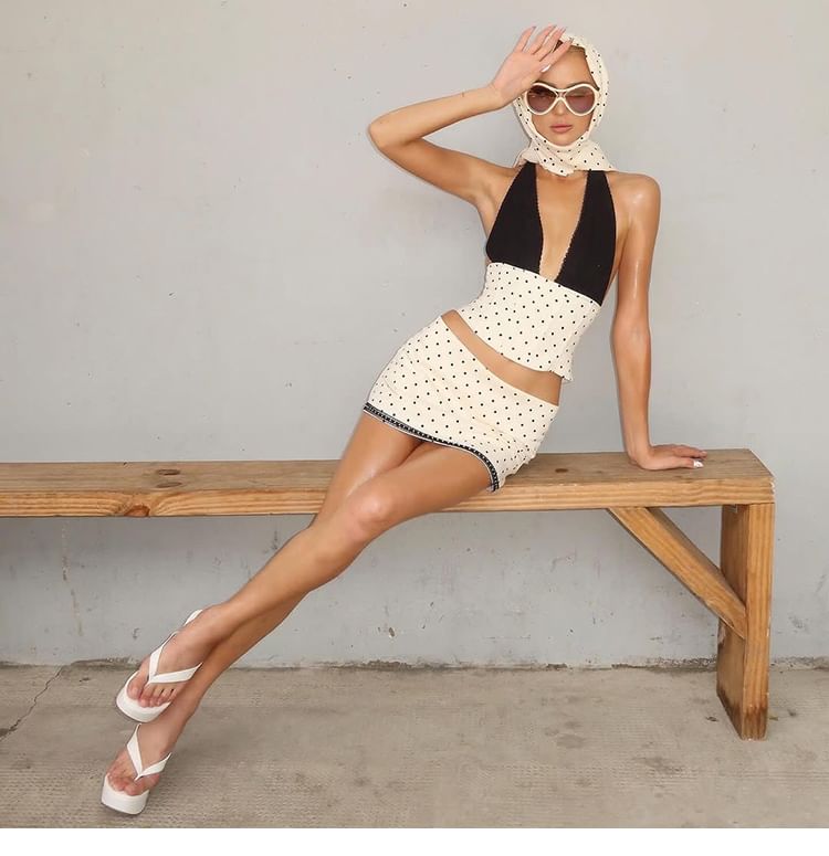 Dotted Sleeveless Corset Crop Top & Mini Skirt
