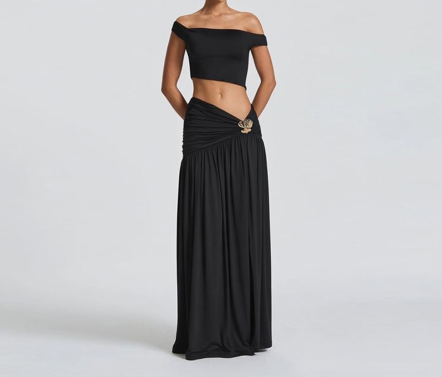 Set: Crop Top and Ruched Slit Maxi A-Line Skirt