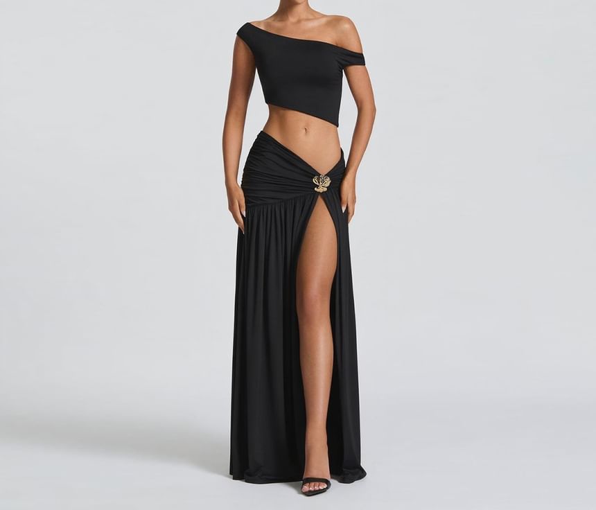 Set: Crop Top and Ruched Slit Maxi A-Line Skirt