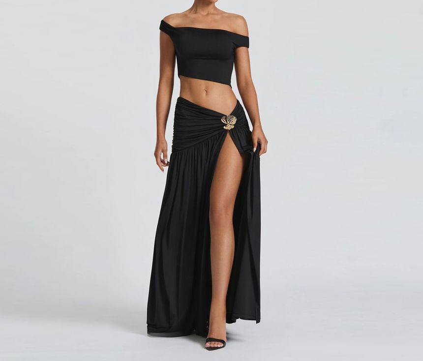 Set: Crop Top and Ruched Slit Maxi A-Line Skirt
