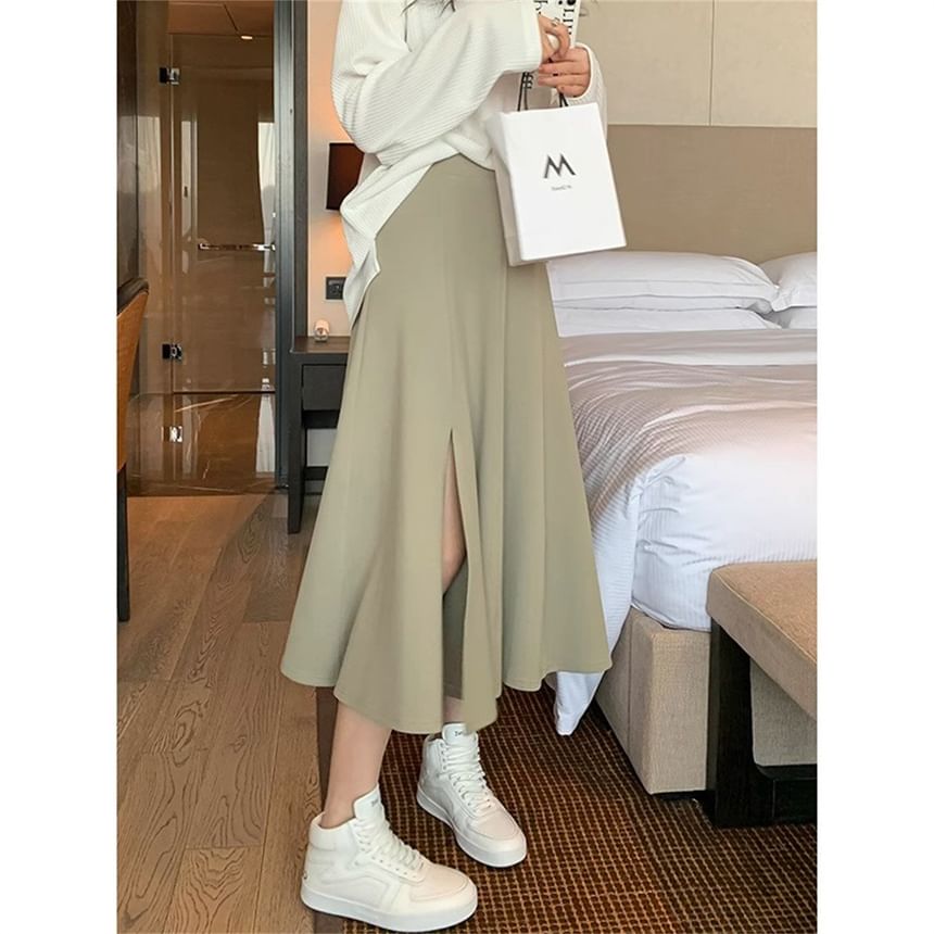 High Rise Slit Plain A-Line Midi Skirt
