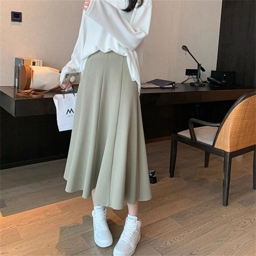 High Rise Slit Plain A-Line Midi Skirt