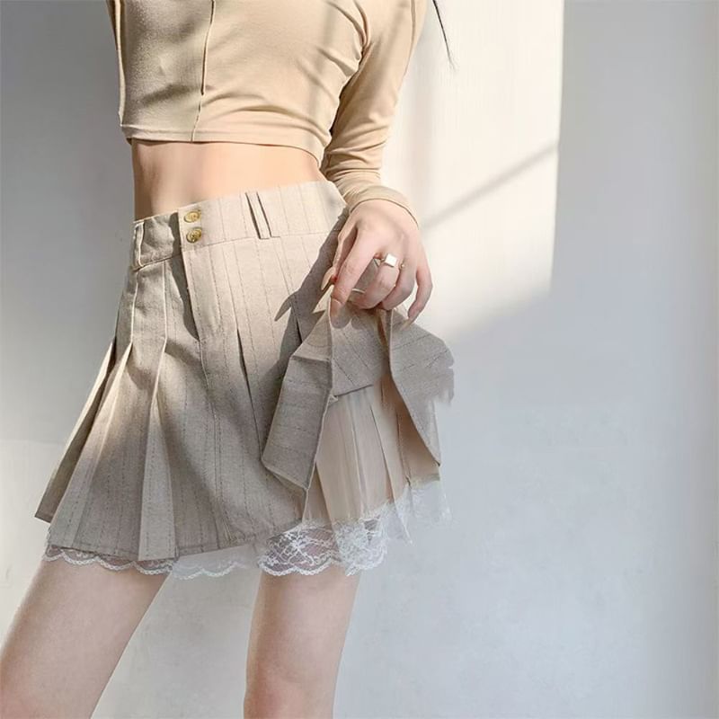 High Waist Pinstriped Lace Trim Pleated A-Line Mini Skirt