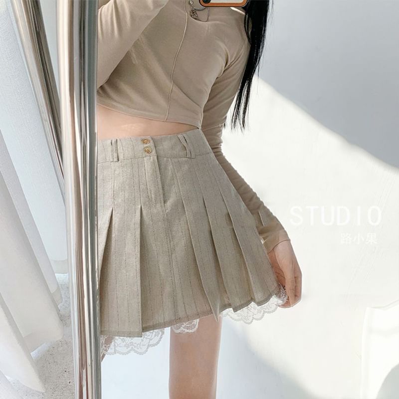 High Waist Pinstriped Lace Trim Pleated A-Line Mini Skirt
