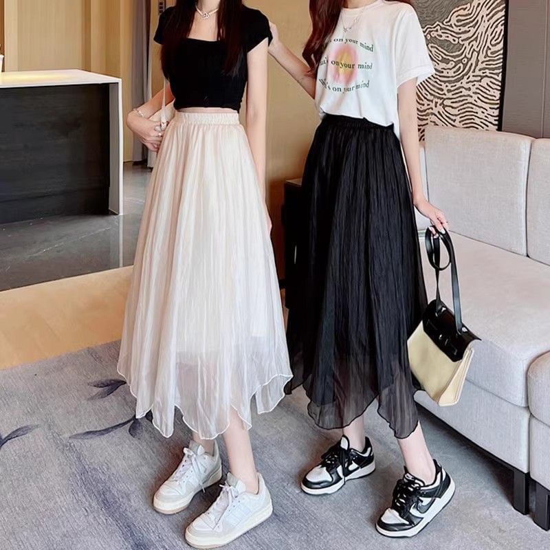 Chiffon A-Line Midi Skirt with High Waist
