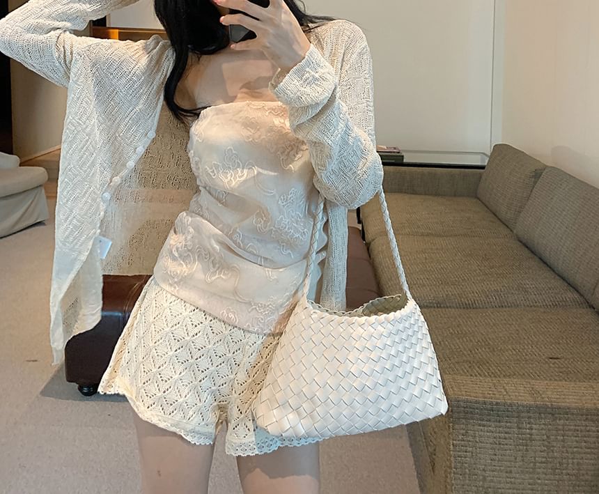 Sheer Open Front Lace Jacket with Tube Top and Shorts