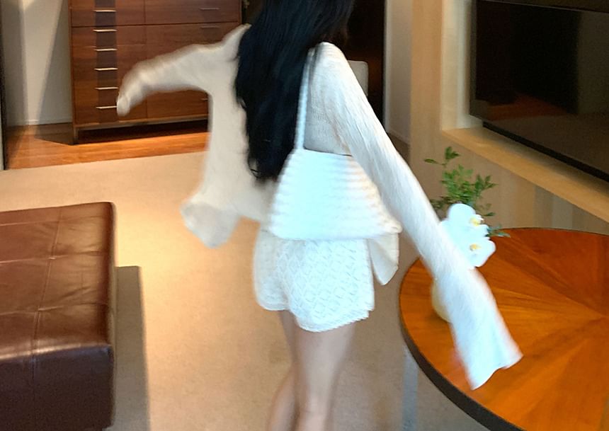Sheer Open Front Lace Jacket with Tube Top and Shorts