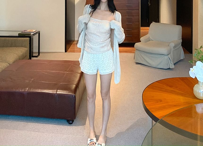 Sheer Open Front Lace Jacket with Tube Top and Shorts