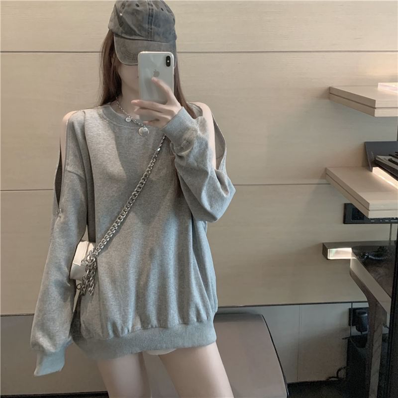 Cold-Shoulder Zip Plain Sweatshirt