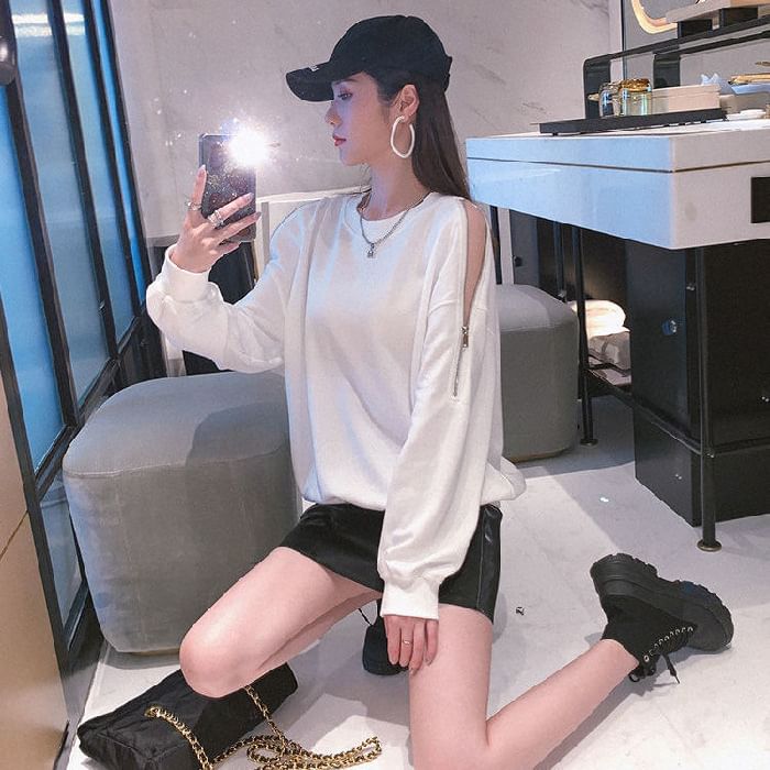 Cold-Shoulder Zip Plain Sweatshirt