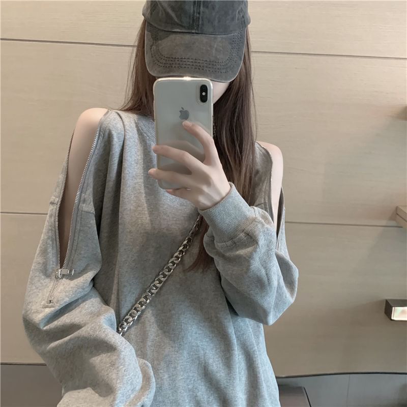 Cold-Shoulder Zip Plain Sweatshirt