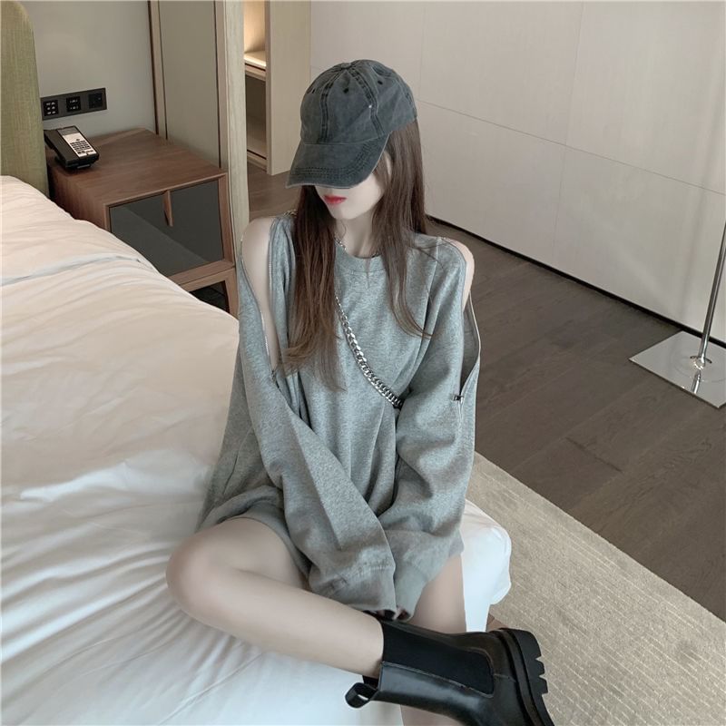 Cold-Shoulder Zip Plain Sweatshirt