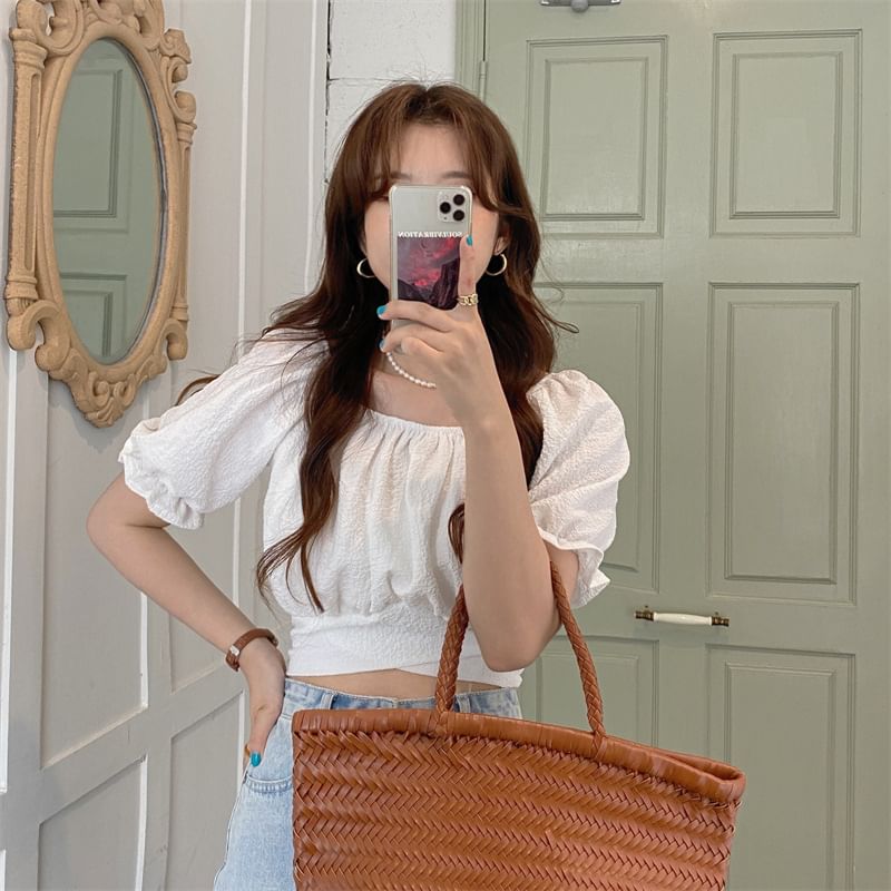 Cropped Square-Neck Puff Short-Sleeved Solid Blouse