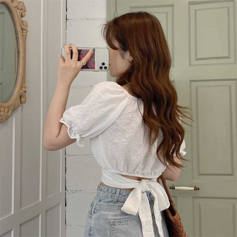 Cropped Square-Neck Puff Short-Sleeved Solid Blouse