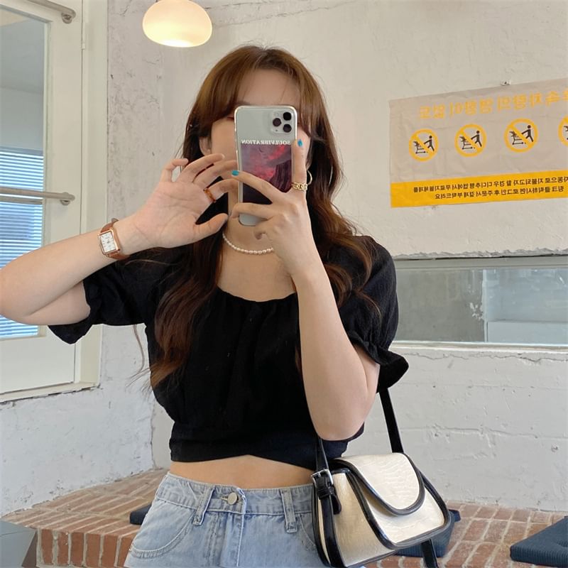 Cropped Square-Neck Puff Short-Sleeved Solid Blouse