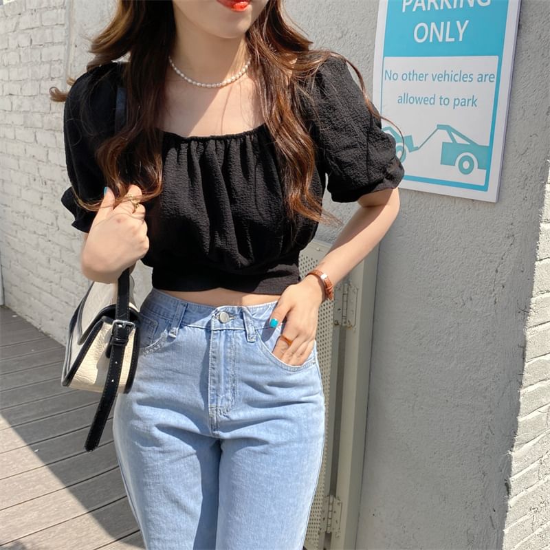 Cropped Square-Neck Puff Short-Sleeved Solid Blouse