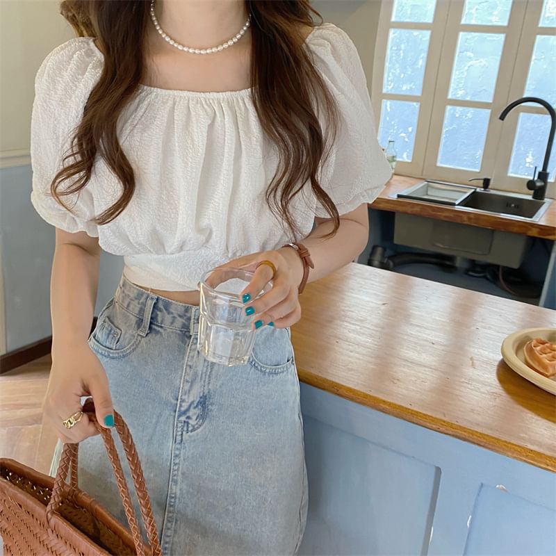 Cropped Square-Neck Puff Short-Sleeved Solid Blouse
