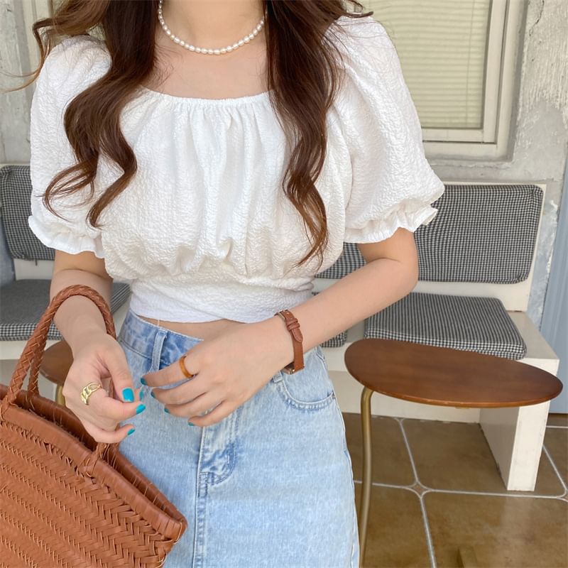 Cropped Square-Neck Puff Short-Sleeved Solid Blouse