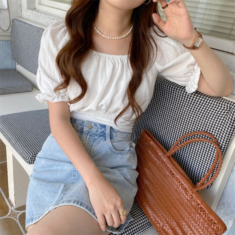 Cropped Square-Neck Puff Short-Sleeved Solid Blouse